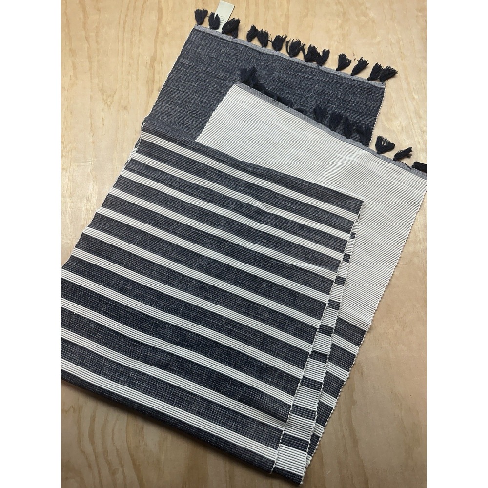 Pottery Barn Blue Striped Table Runner 20 X 108" Ribbed Fringes India Cotton